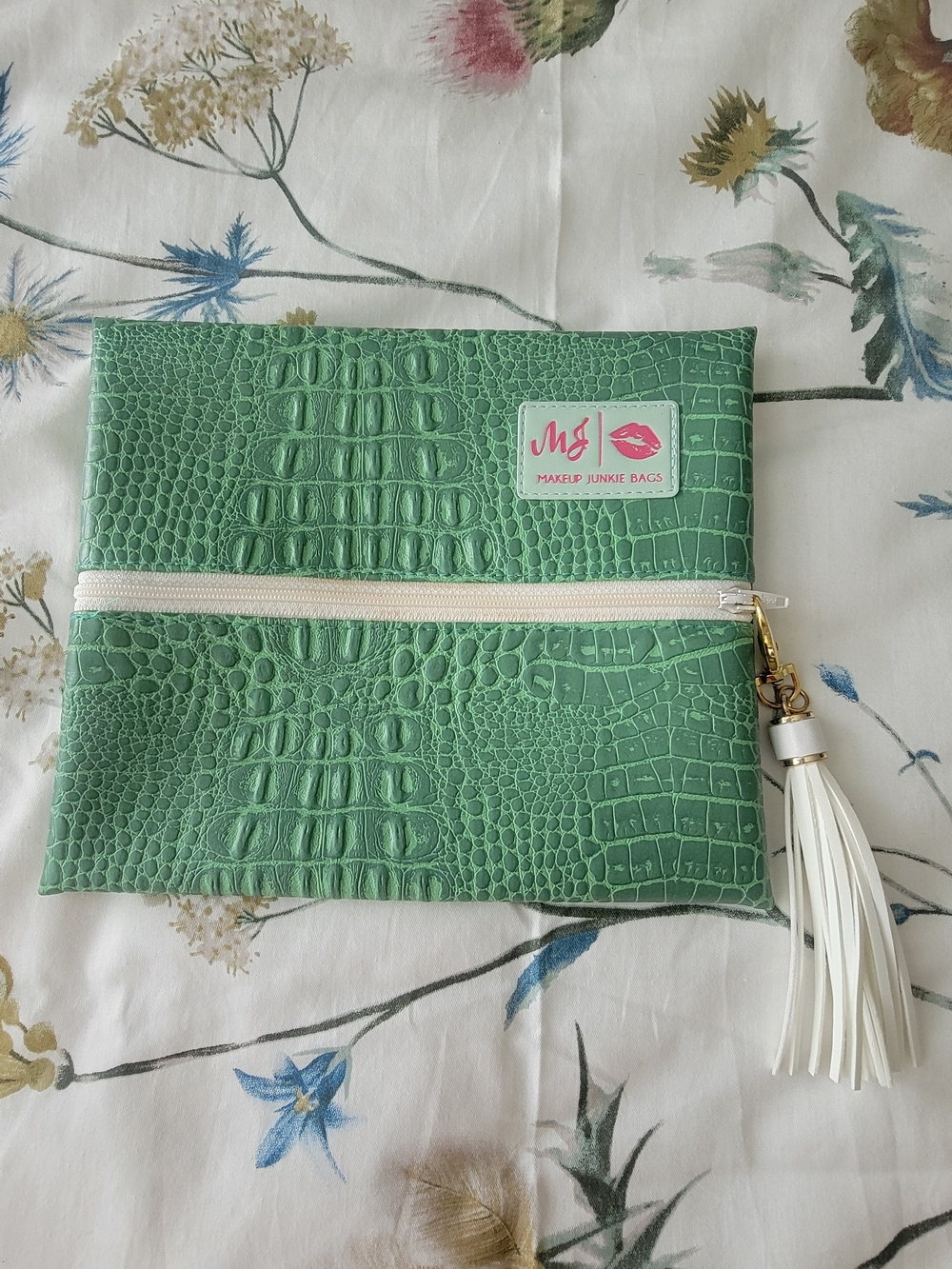 Green Makeup Junkie Croc-Embossed Cosmetic Pouch with White Tassel